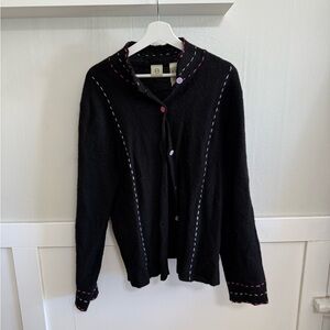 Vintage Wool Black Cardigan with Contrast Stitching
